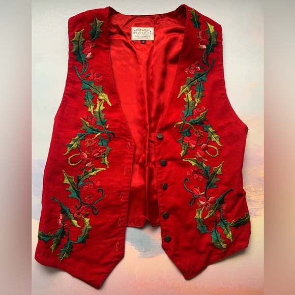 SUSAN BRISTOL Vintage Christmas Embroidered Holly Vest Red Velvet Corduroy - Picture 9 of 9